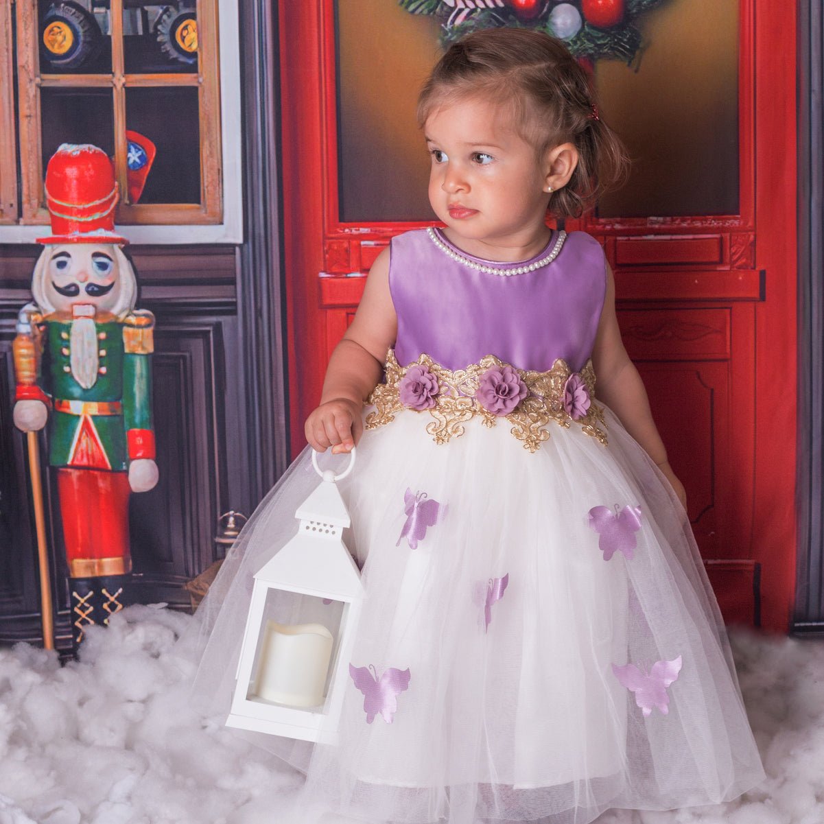 Vestido de Niña Fiesta Lila con Encaje Oro Elegante Talla 2 a 3 años 